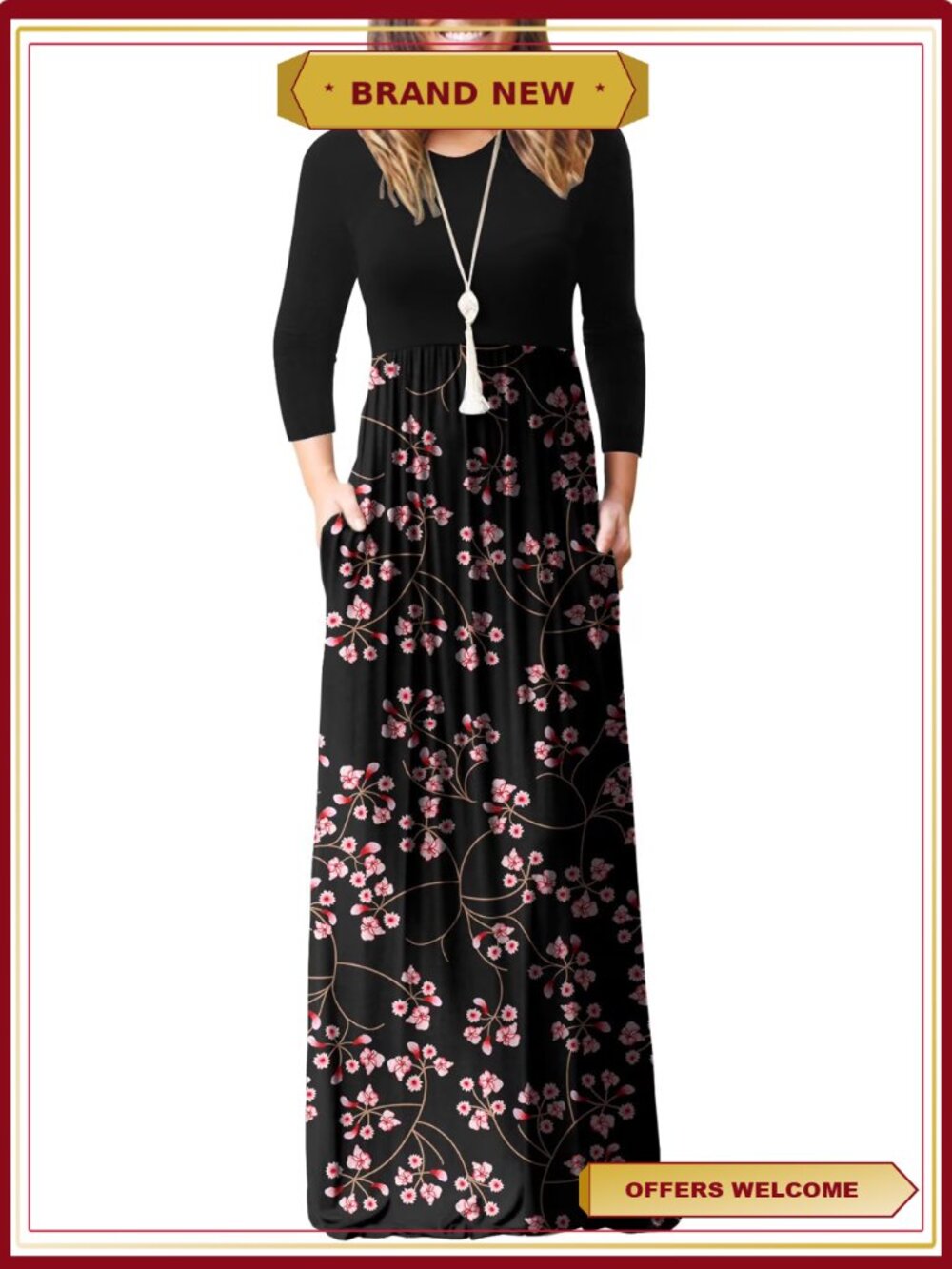 Women Long Sleeve Loose Plain Maxi Dress Casual with Pockets